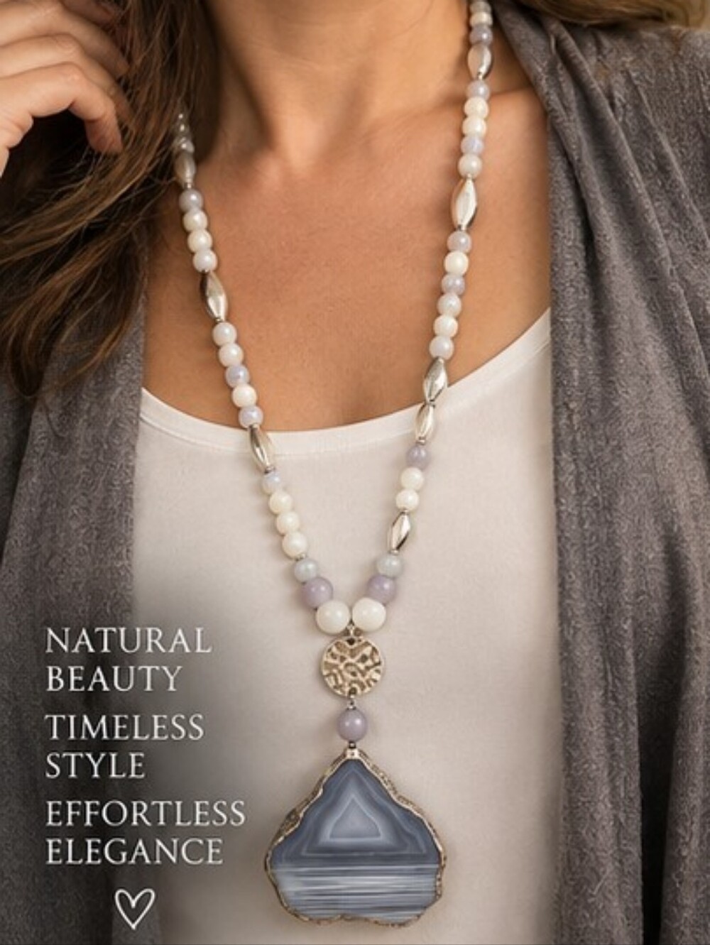 Natural Banded Agate Long Pendant Necklace Gray Stone Boho Statement